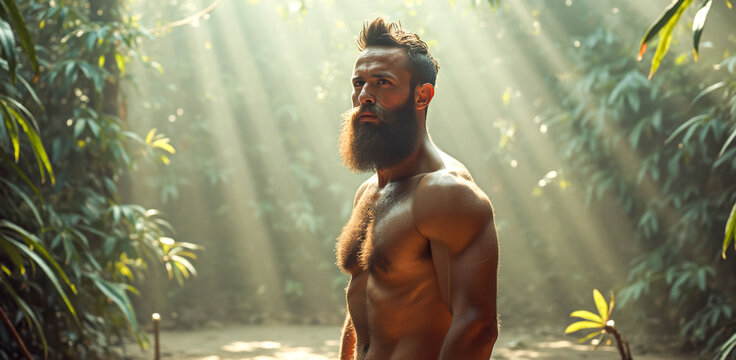 confident muscular man with a full beard stands in a lush tropical forest