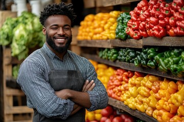 Smiling Grocer with Fresh Bell Peppers, Colorful Produce Market