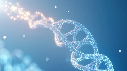 Fototapeta premium a glowing 3D visualization of a DNA double helix, set against a soft blue gradient background with floating particles, symbolizing genetic research and biotechnology advancements.