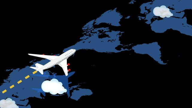 Airplane flying around the world on an isometric view in a sleek flat design style with a transparent background video with alpha channel. Infinite loop animation