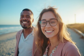 A young happy biracial couple  on a boardwalk