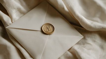 Elegant envelope sealed with a golden wax stamp, resting on soft fabric creating a refined and classic aesthetic.