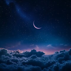Crescent moon above misty clouds under starry sky