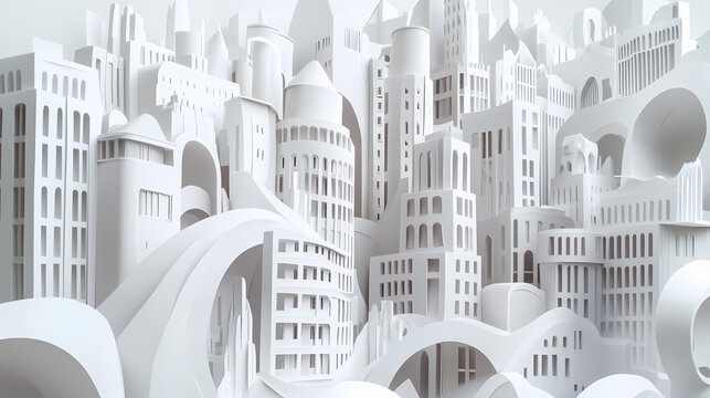 White paper art sculpture of a surrealistic abstract city or building, 3d paper architectural sculpture. Phantasmagoric Dream City. Illustration