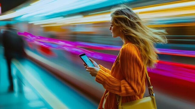 Woman using phone in motion with light trails blur, blending modern tech with fast-paced lifestyle.