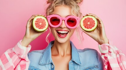 Obraz premium A stylish blond woman dons pink sunglasses while joyfully holding slices of vibrant grapefruit, capturing a refreshing and sunny moment.