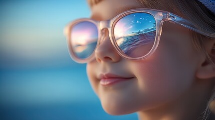 A young girl is stylishly dressed in a hat and sunglasses, enjoying a sunny day outdoors with a cheerful expression.