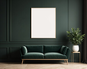 A stylish reading nook featuring a cozy armchairs with a pillow, a framed mockup for artwork on the wall. Modern design. Green color