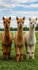 Three adorable alpacas standing in lush green pasture under cloudy sky