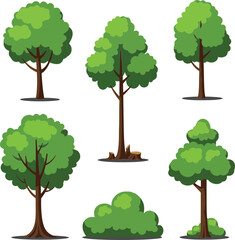 Naklejka premium A collection of six vibrant green trees in flat design style showcasing various shapes and sizes, perfect for nature-themed vector art