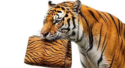 Fototapeta premium Tiger holding animal print purse isolated on white background