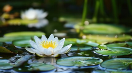 White water lily blooming on a pond with green lily pads