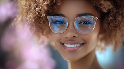 A cheerful woman with afro hair and blue eyeglasses showcases her bright smile, radiating confidence and style in a vibrant setting.