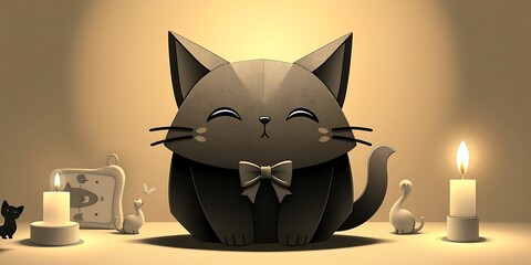 Warm candlelight illuminates an intricate origami-style illustration of a monochrome chubby cat with soft fur and a charming bow, shown in various adorable, magical situations, rendered in black 