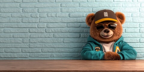 confident pop art bear varsity jacket snapback graffiti wall urban pose