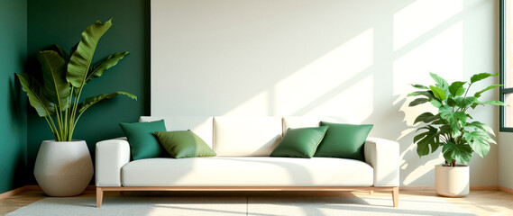 pristine white sofa with green cushions in a sunlit minimalist living room