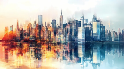 Fototapeta premium A digital montage merging cityscapes with abstract elements, portraying urban vistas with a surrealistic twist. Phantasmagoric Dream City. Illustration