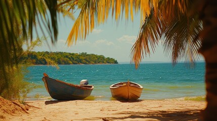 Two boats rest on a sandy beach, with gentle waves lapping at the shore, creating a serene coastal scene under a clear sky.