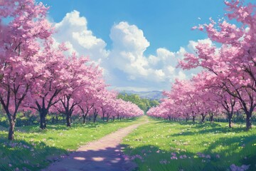 Fototapeta premium Blossoming cherry trees line peaceful pathway under bright blue