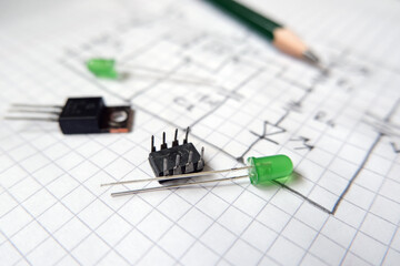 Electronic components on the electronic circuit chart. Projects with semiconductor concept....