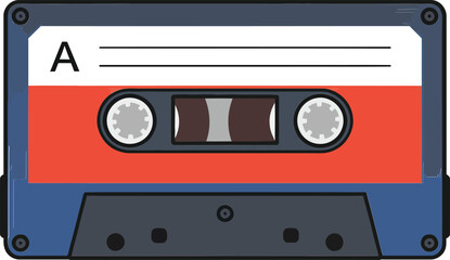 Retro audio cassette tape in a flat design style featuring vibrant colors and simple shapes, perfect for music-themed vector art
