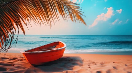 Fototapeta premium A boat rests on sandy shores beside the ocean, accompanied by a tall palm tree swaying gently in the coastal breeze.