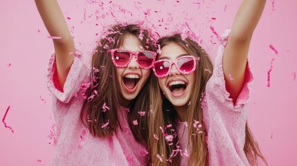 Two women in pink robes and sunglasses joyfully celebrate together, surrounded by colorful confetti, capturing a moment of happiness and festivity.