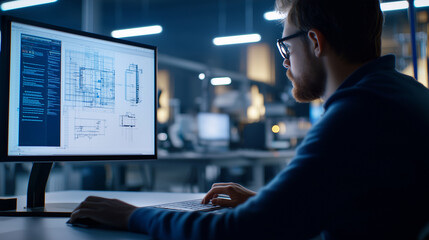 Engineer Working on CAD Software in Innovative Workspace