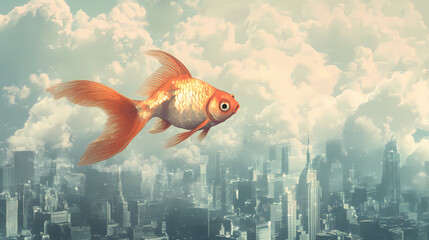 Obraz premium A whimsical depiction of a goldfish soaring through a cloudy sky above a cityscape. Phantasmagoric Dream City. Illustration