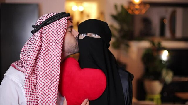 Concept representing a traditional middle eastern woman and man during Valentines day
