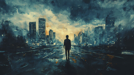 Fototapeta premium An artwork of a lonely man depicting a painting art illustration concept, alone lonely solitude, and the concept of loneliness. Phantasmagoric Dream City. Illustration