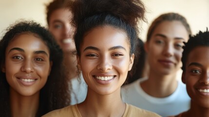 A cheerful woman stands out, smiling brightly, surrounded by a diverse group of people sharing a joyful moment in the background.