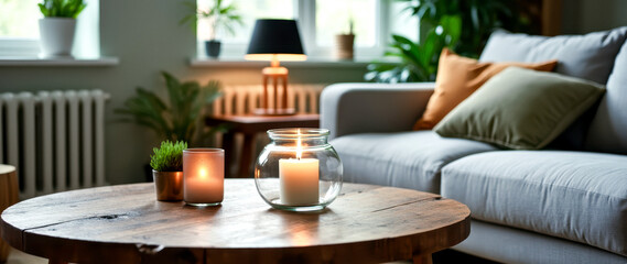 two illuminated candles on a rustic wooden coffee table in a living room setting