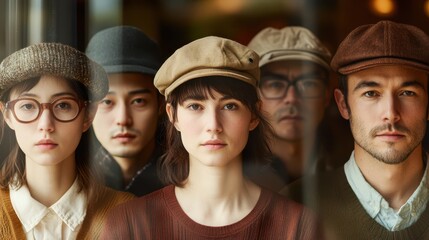 Obraz premium A diverse group of individuals stands together, all wearing a variety of hats, showcasing unity and style in a lively outdoor setting.