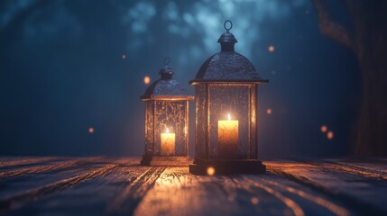 Fototapeta premium Two Lanterns Illuminating a Foggy Night Scene with Warm Light
