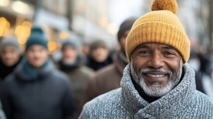 A cheerful man wearing a yellow hat and scarf smiles amidst a bustling street filled with people and vibrant surroundings.