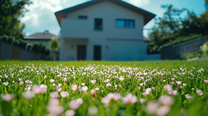 Suburban lawn with flowers, house background, sunny day, landscaping