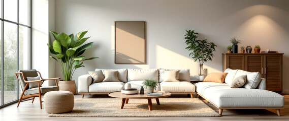 modern living room interior featuring a white sectional sofa and wooden accents