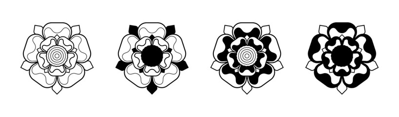Tudor Rose Vector Outline Illustration Set: White Rose of York, Red Rose of Lancaster, English Heraldic Emblem