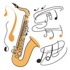 Stylized illustration of a saxophone with musical notes in vibrant colors
