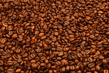 Coffee beans background. Top view. Coffee beans texture.