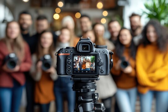 A camera mounted on a tripod captures a group of people gathered behind it, showcasing their interaction and engagement in a shared moment.