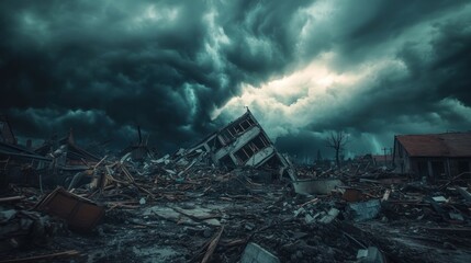 Desolate landscape of ruined buildings under a stormy sky.