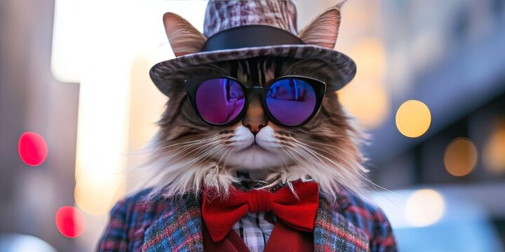 anthropomorphized cat dressed as fashionista walking in city 