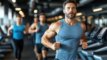 A focused man exercises on a treadmill in a gym, showcasing determination and fitness in a vibrant workout environment.