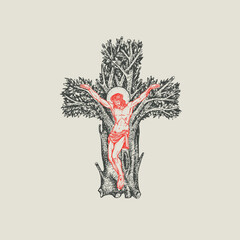 Concept of a Christian cross in the form of a tree hand drawn blood color with crucified Jesus. Decorative tree in the shape of a cross. Vector illustration, religious sign, icon, logo, emblem