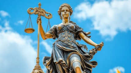 Obraz premium Arafed statue of Lady Justice, symbolizing fairness, features a sword in one hand and a scale in the other, representing law and order.