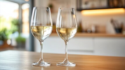 Two elegant wine glasses rest on a beautifully set table, inviting a moment of relaxation and enjoyment in a cozy atmosphere.