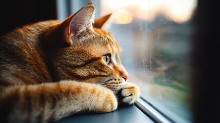 A serene cat lounges comfortably on a sunlit window sill, enjoying the warmth and scenery outside.