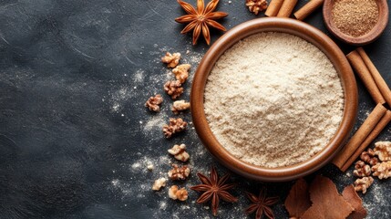 Fototapeta premium A bowl filled with flour sits on a table alongside various spices, showcasing an inviting arrangement for culinary preparations.